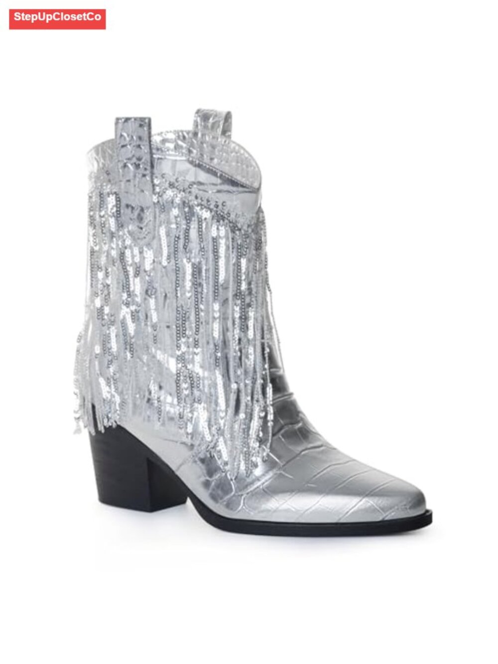 Western Tassel Ankle Boots Faux Leather Pointed Toe Chunky Heel Pull On